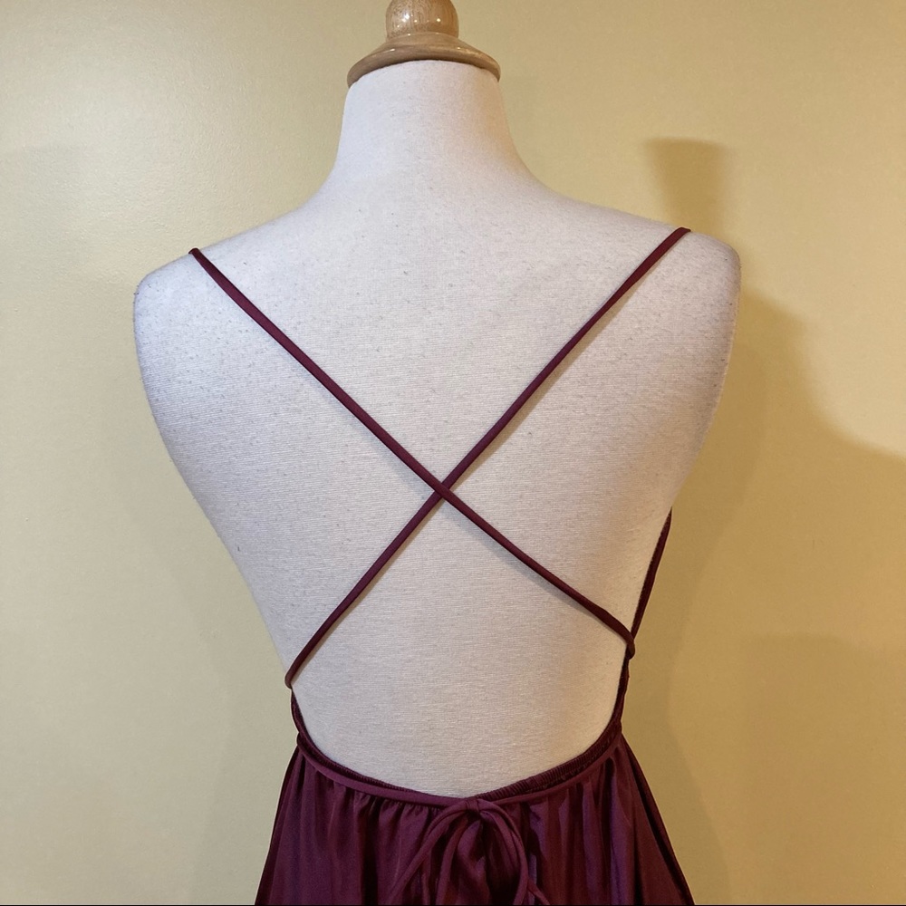 Sexy Backless Strappy Silky Tie Waist Maxi Dress Burgundy - Picture 6 of 7